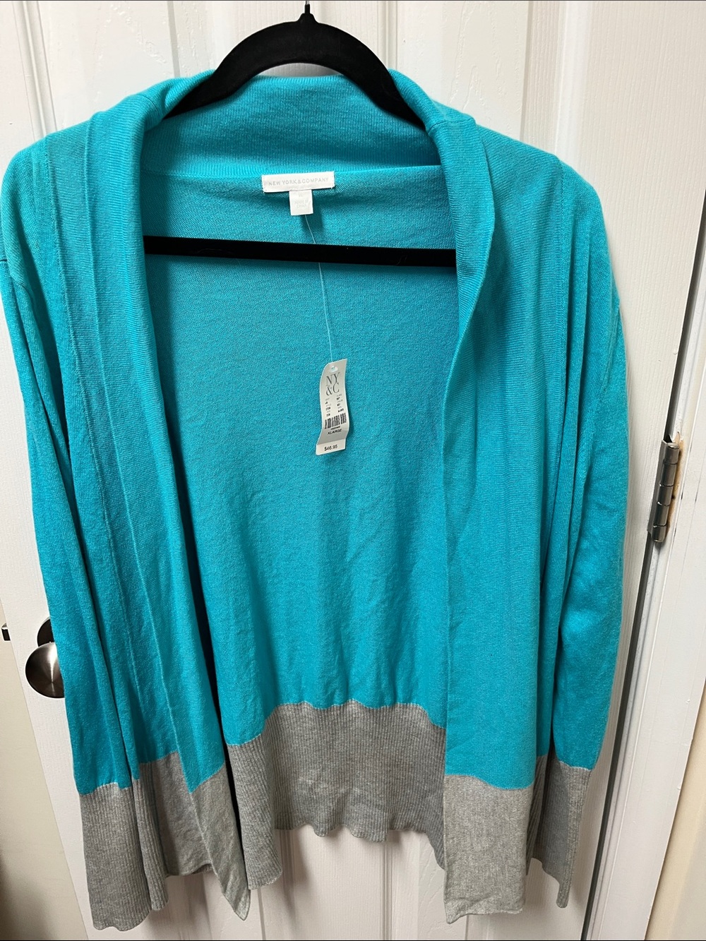 New York & Company Turquoise Open-Front Cardigan with Gray Trim